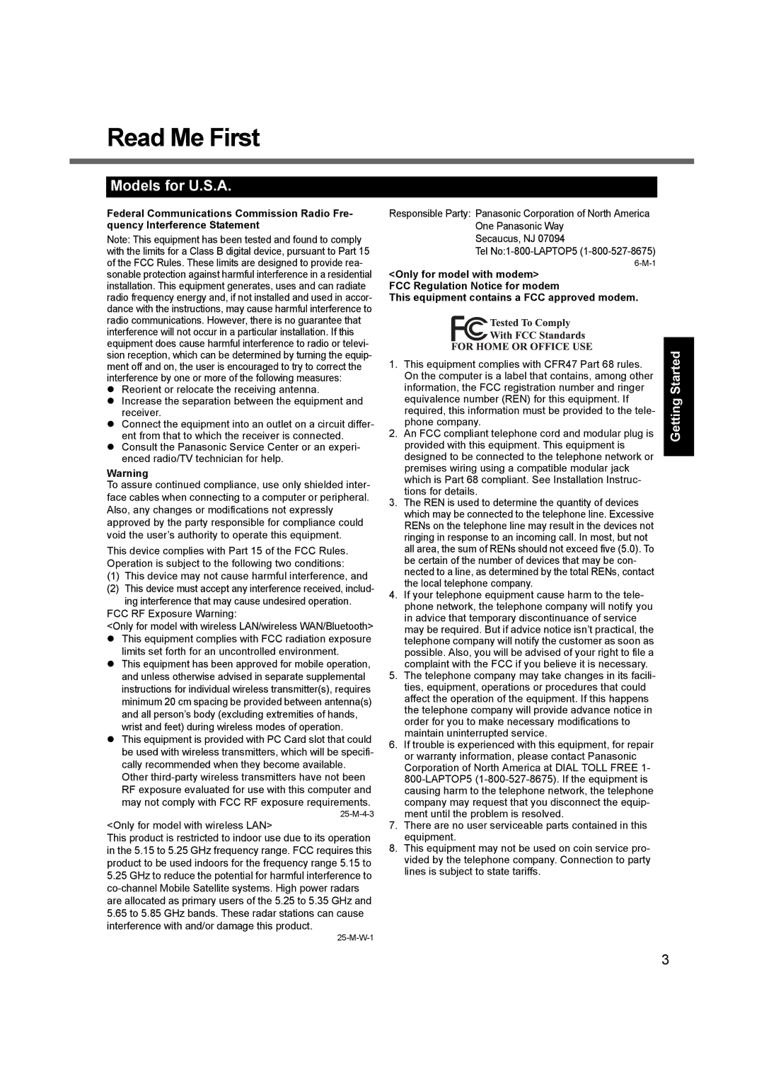 Panasonic CF-52 appendix Read Me First, Models for U.S.A 