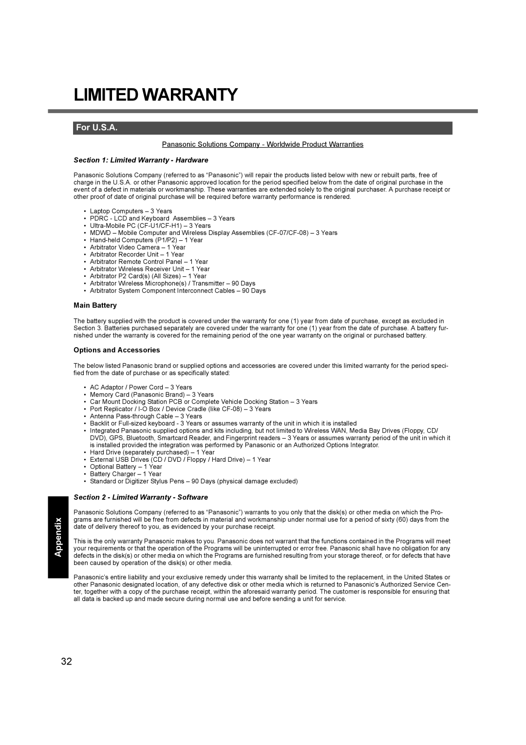 Panasonic CF-52 appendix For U.S.A, Main Battery, Options and Accessories 