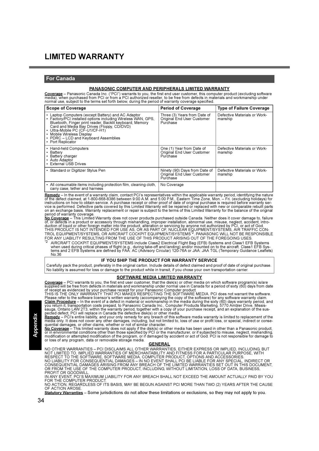 Panasonic CF-52 Panasonic Computer and Peripherals Limited Warranty, If YOU Ship the Product for Warranty Service, General 