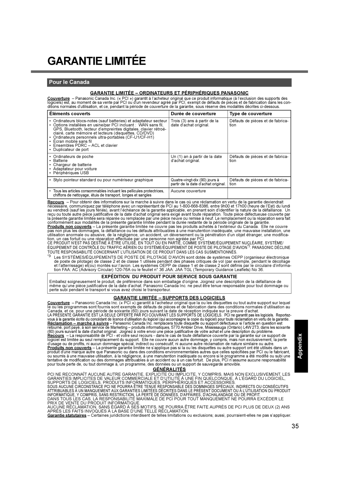 Panasonic CF-52 appendix Pour le Canada, Garantie Limitée Ordinateurs ET Périphériques Panasonic, Généralités 