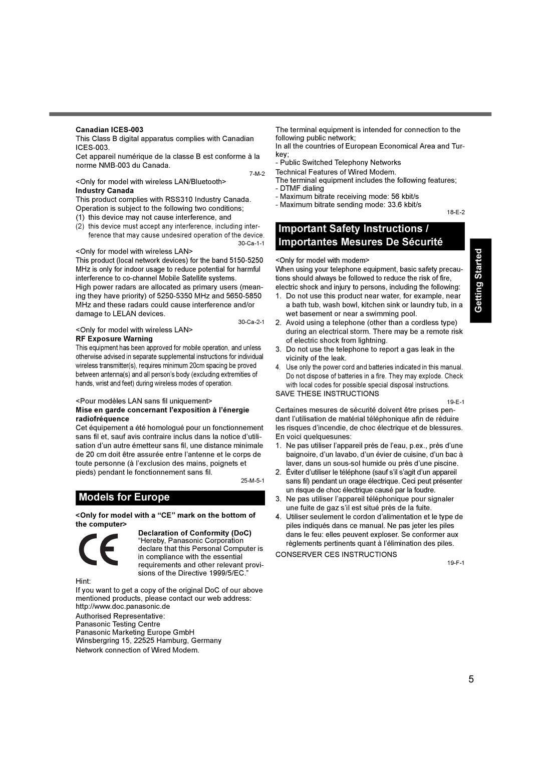 Panasonic CF-52 appendix Models for Europe, Canadian ICES-003, Industry Canada, RF Exposure Warning 