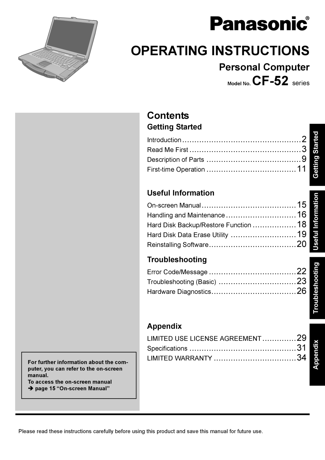 Panasonic CF-52 appendix Personal Computer, Contents 