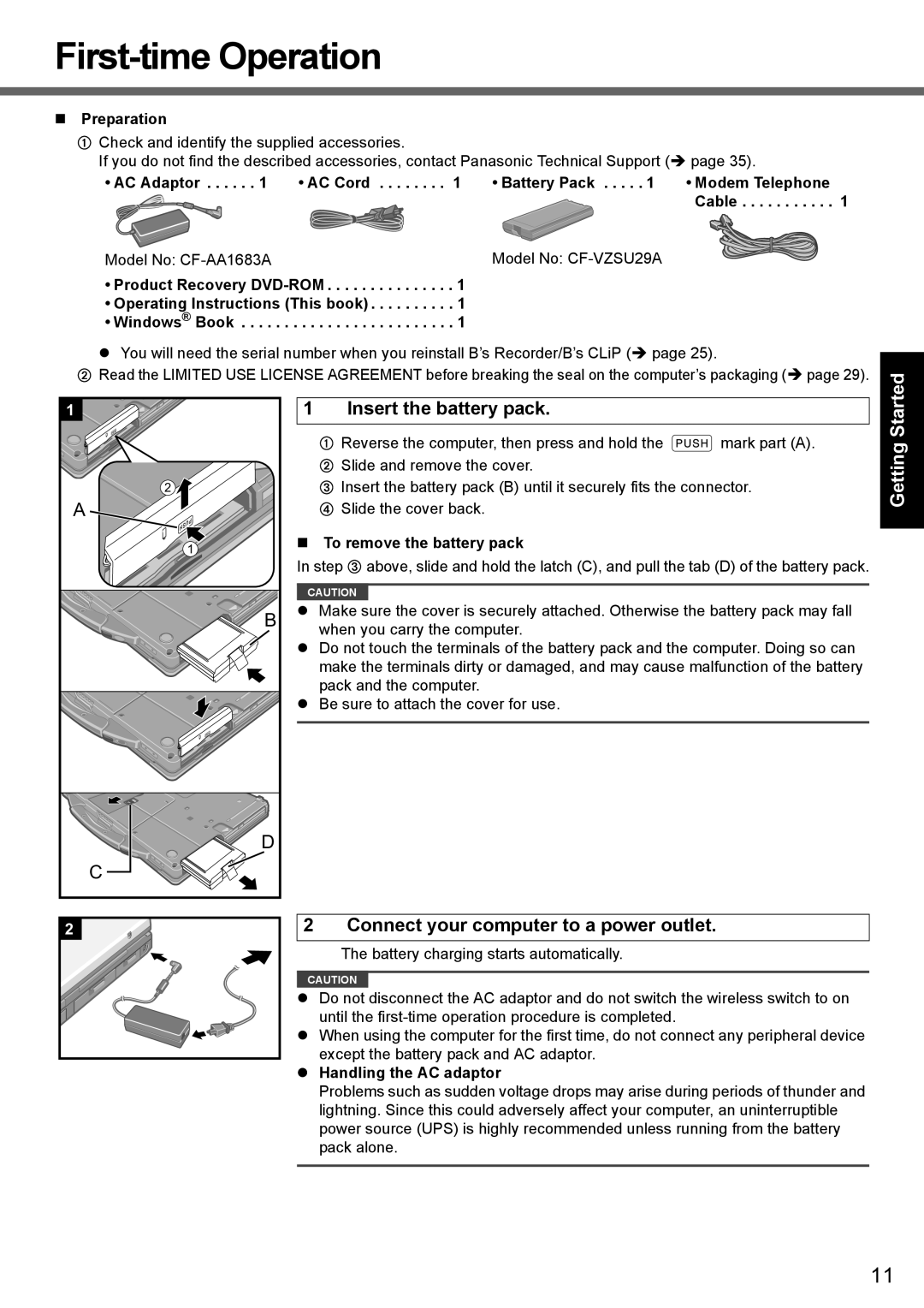 Panasonic CF-52 appendix Operating Instructions This book, To remove the battery pack, Handling the AC adaptor 