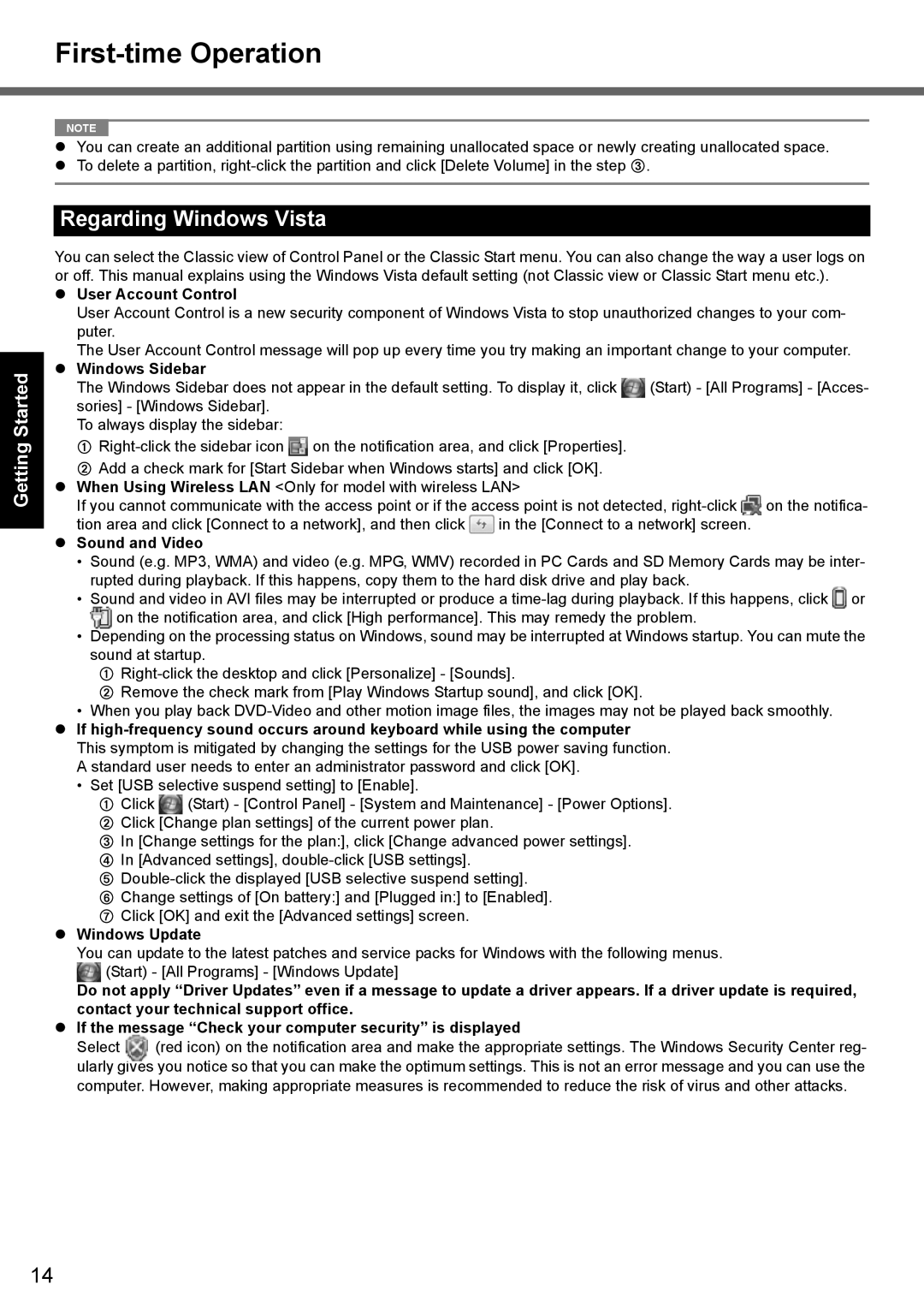 Panasonic CF-52 appendix Regarding Windows Vista, User Account Control, Windows Sidebar, Sound and Video, Windows Update 