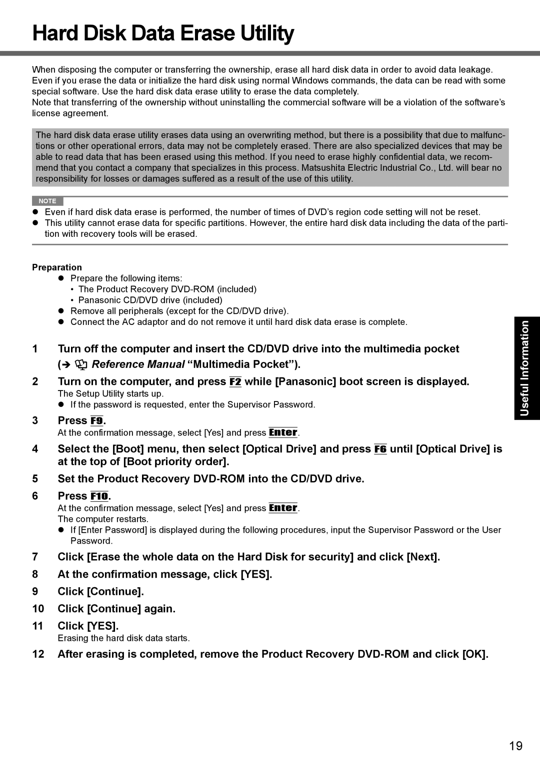 Panasonic CF-52 appendix Hard Disk Data Erase Utility, Preparation 