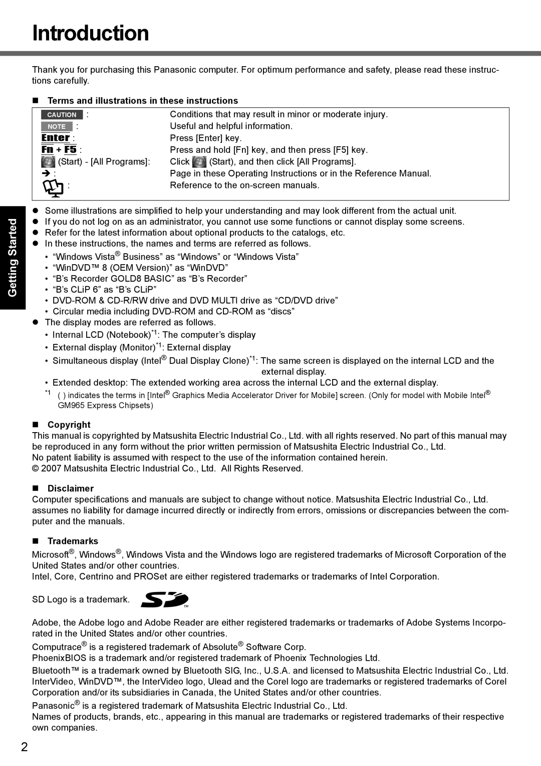 Panasonic CF-52 Introduction, Appendix Troubleshooting Useful Information Getting Started, Copyright Disclaimer Trademarks 