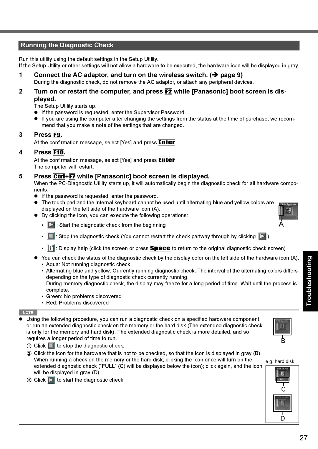 Panasonic CF-52 appendix Running the Diagnostic Check, Connect the AC adaptor, and turn on the wireless switch 