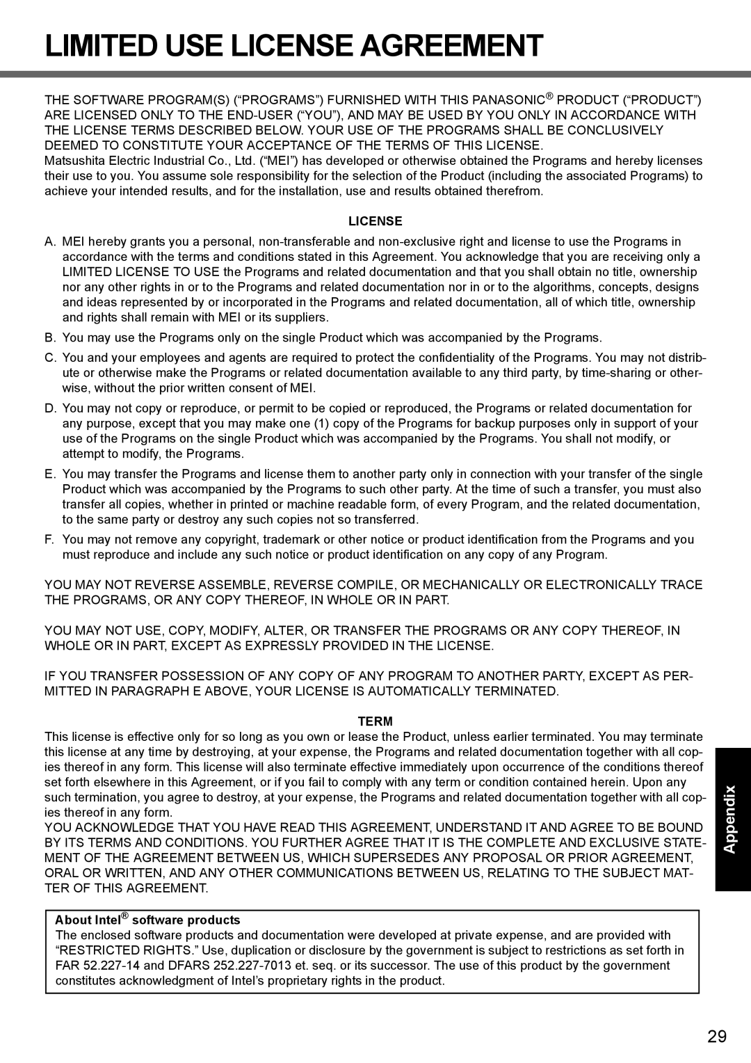 Panasonic CF-52 appendix License, Term, About Intel software products 