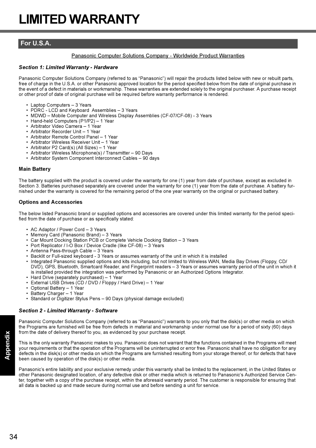 Panasonic CF-52 appendix Main Battery, Options and Accessories 