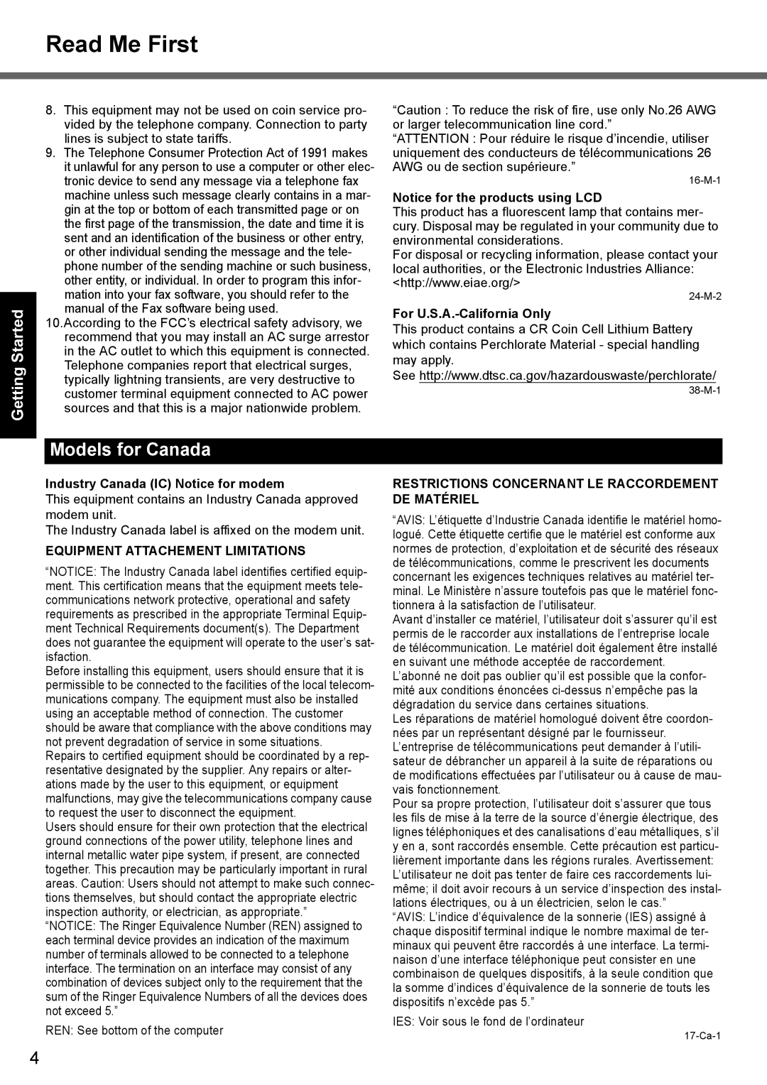 Panasonic CF-52 appendix Read Me First, Models for Canada, Getting Started, Appendix Troubleshooting Useful Information 