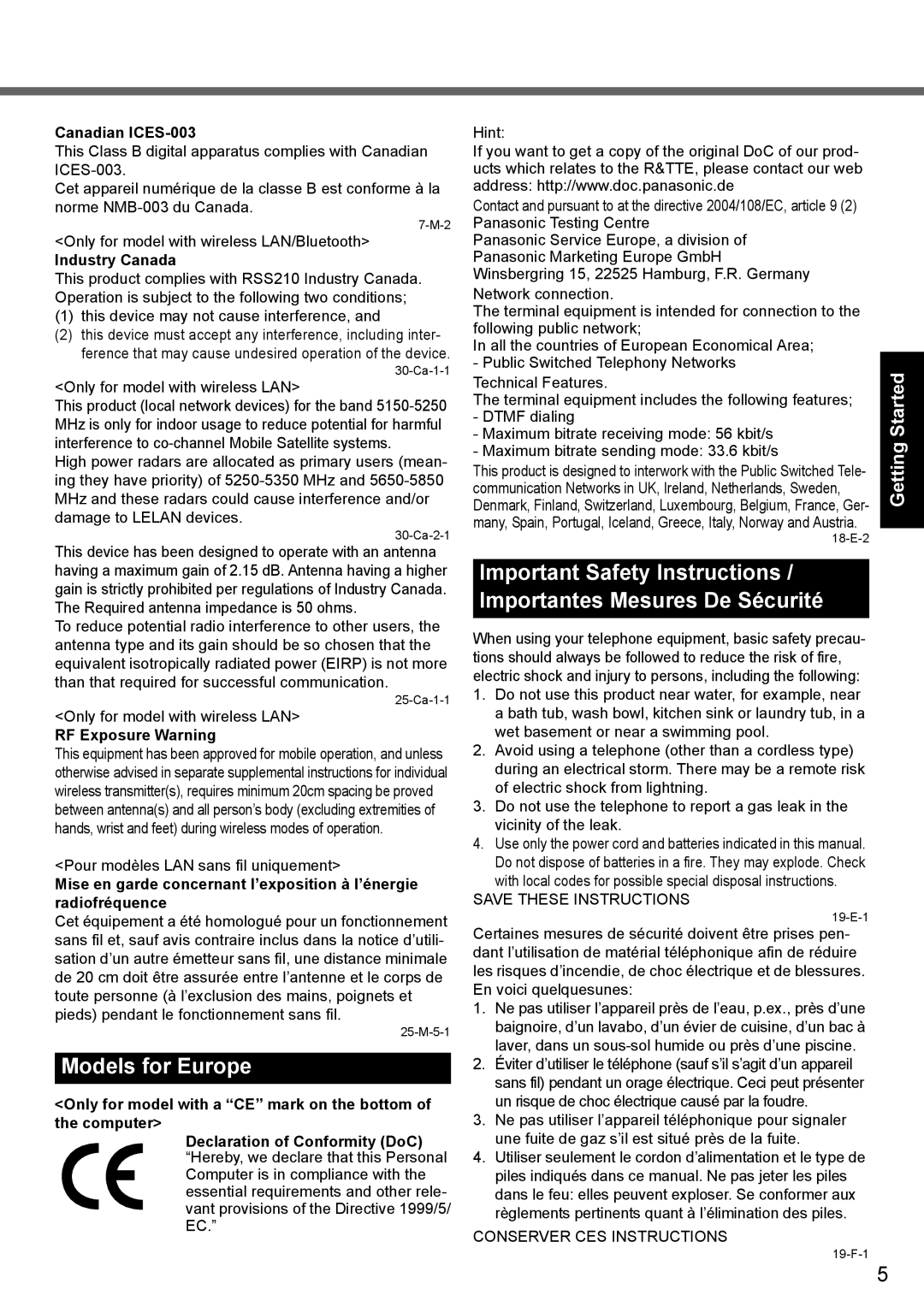 Panasonic CF-52 appendix Models for Europe, Canadian ICES-003, Industry Canada, RF Exposure Warning 