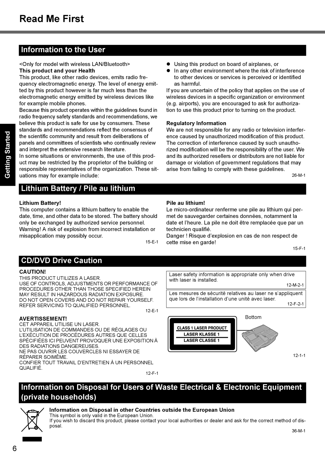 Panasonic CF-52 Information to the User, Lithium Battery / Pile au lithium, CD/DVD Drive Caution, Useful Information 