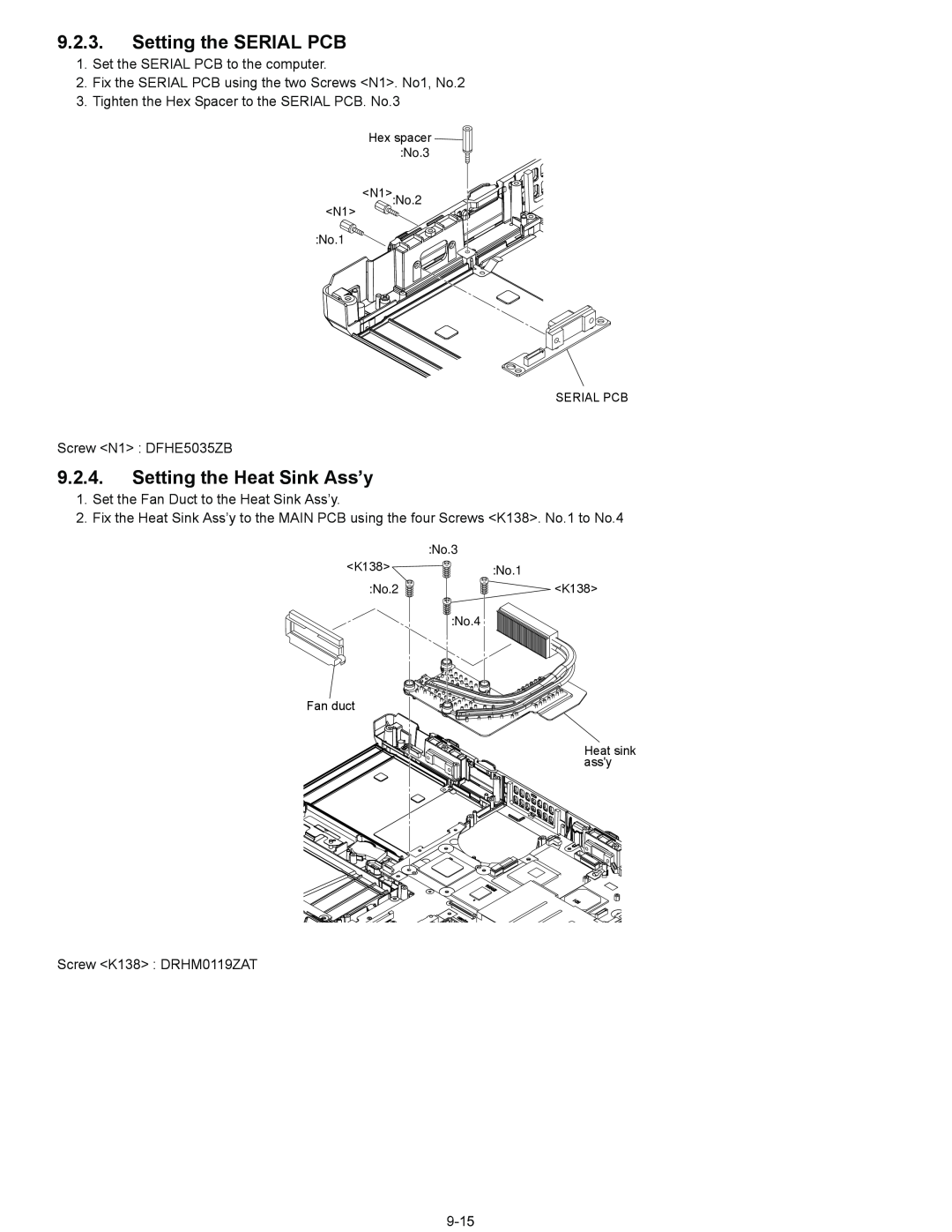 Panasonic CF-52EKM 1 D 2 M service manual Setting the SERIAL PCB, Setting the Heat Sink Ass’y, Hex spacer No.3 