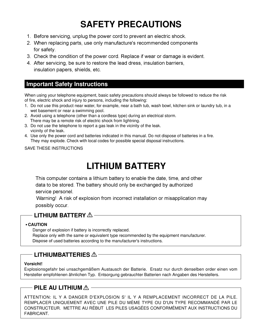 Panasonic CF-52EKM 1 D 2 M Safety Precautions, Lithium Battery, Important Safety Instructions, Lithiumbatteries 