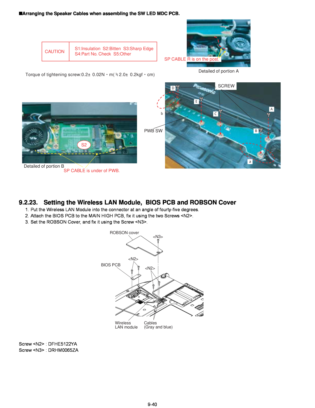 Panasonic CF-52EKM 1 D 2 M service manual Setting the Wireless LAN Module, BIOS PCB and ROBSON Cover 