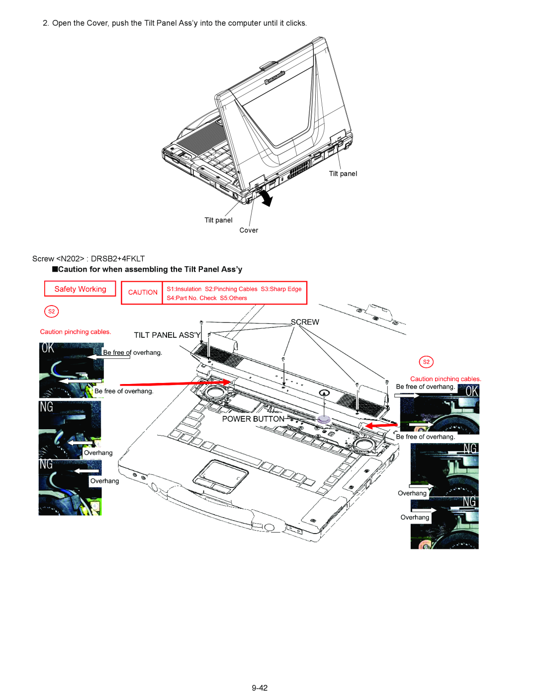 Panasonic CF-52EKM 1 D 2 M service manual Screw N202 DRSB2+4FKLT, Caution for when assembling the Tilt Panel Ass’y, 9-42 