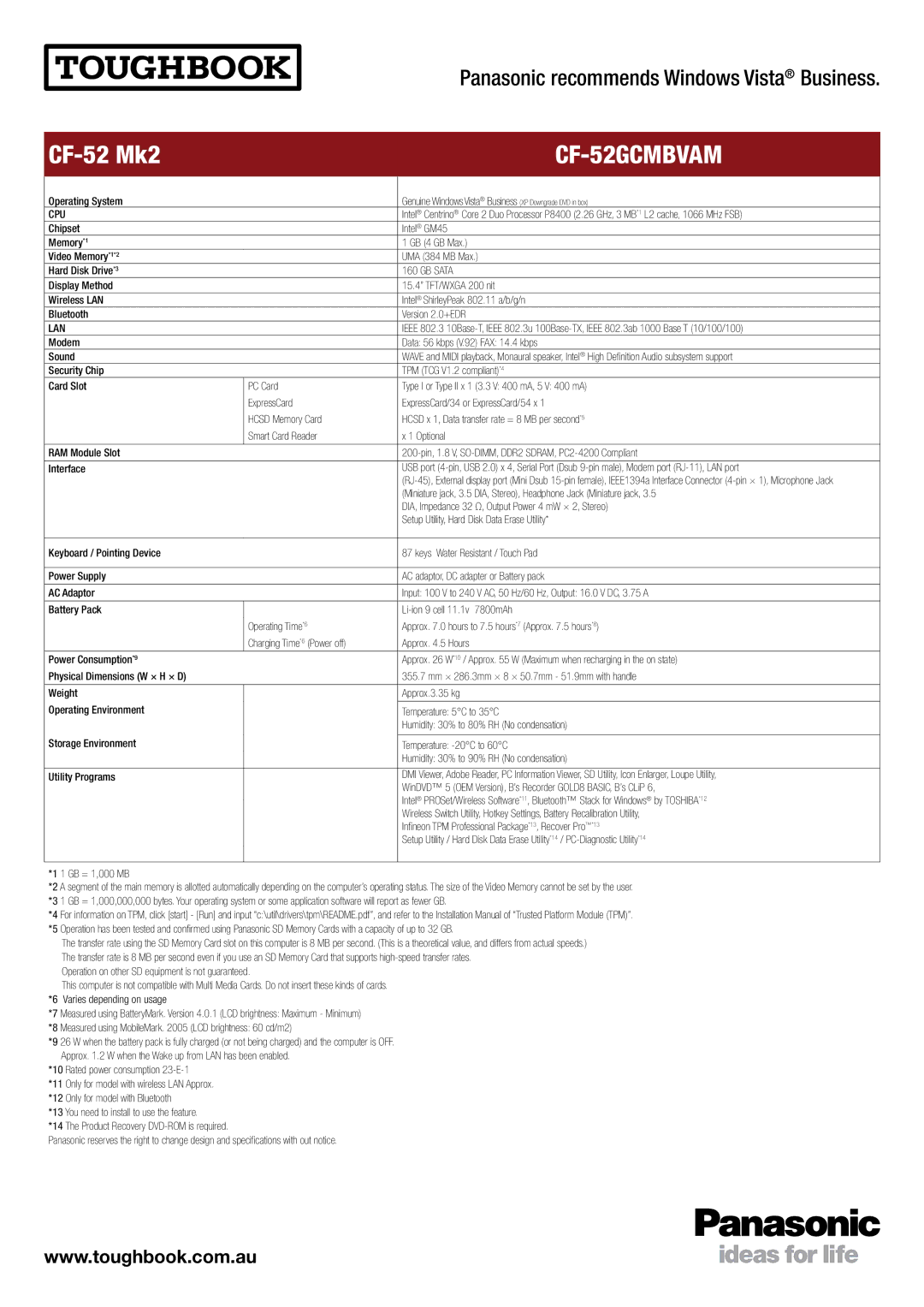 Panasonic CF-52Mk2 specifications CF-52GCMBVAM, Cpu, GB Sata, Lan 