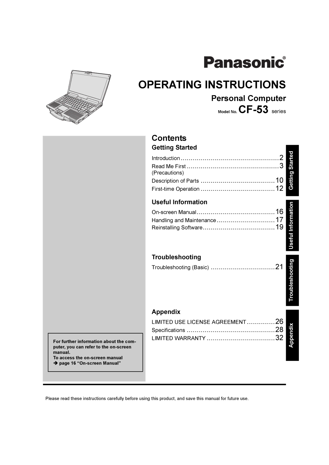 Panasonic CF53JBLZY1M, CF-53 appendix Personal Computer, Contents 