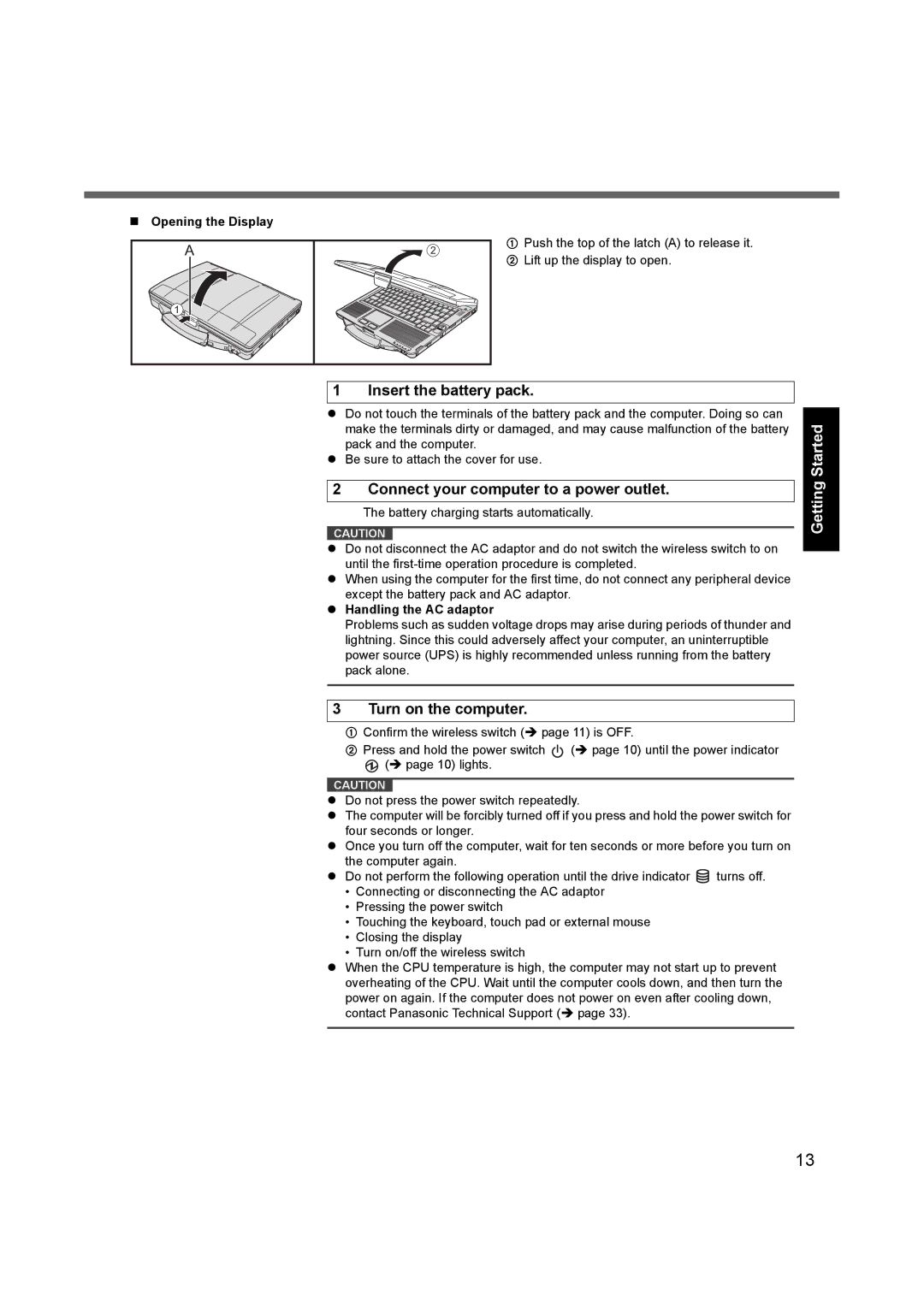 Panasonic CF53JBLZY1M, CF-53 appendix „ Opening the Display, Handling the AC adaptor 