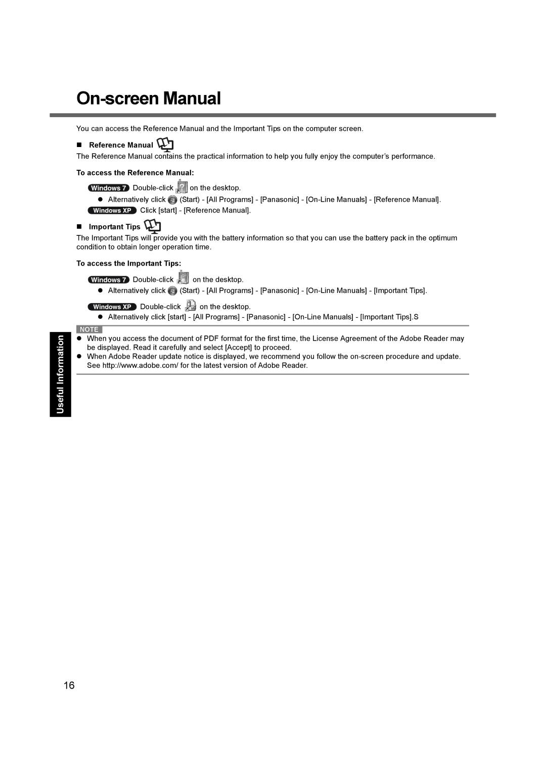 Panasonic CF-53, CF53JBLZY1M appendix On-screen Manual, „ Reference Manual, To access the Reference Manual, „ Important Tips 