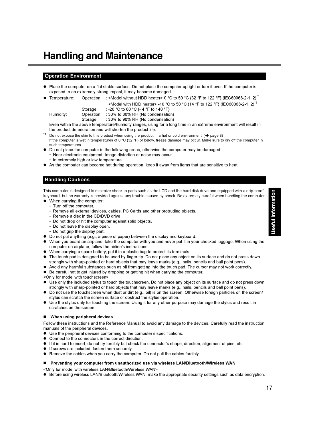 Panasonic CF53JBLZY1M Handling and Maintenance, Operation Environment, Handling Cautions, „ When using peripheral devices 