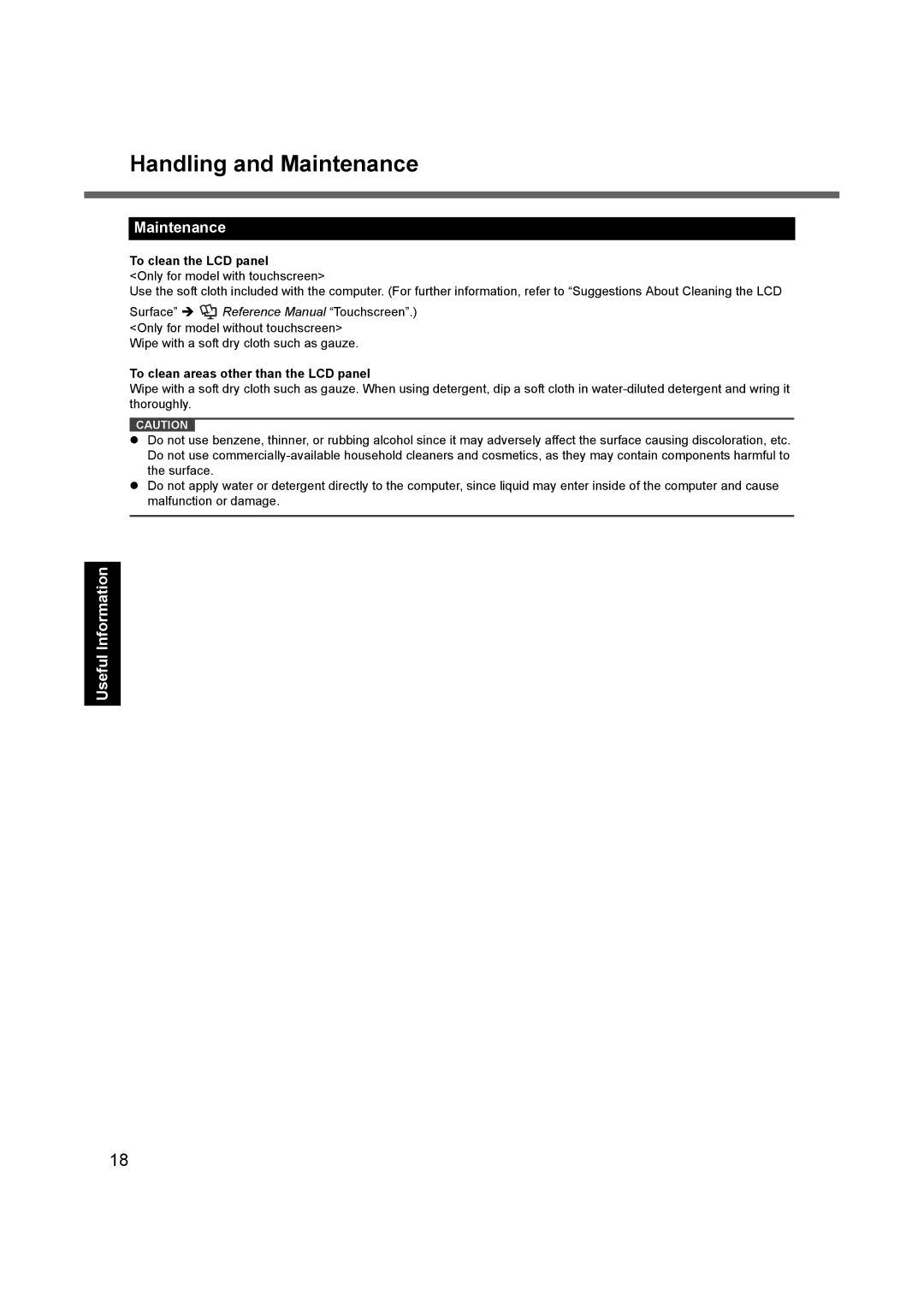 Panasonic CF-53, CF53JBLZY1M Handling and Maintenance, To clean the LCD panel, To clean areas other than the LCD panel 