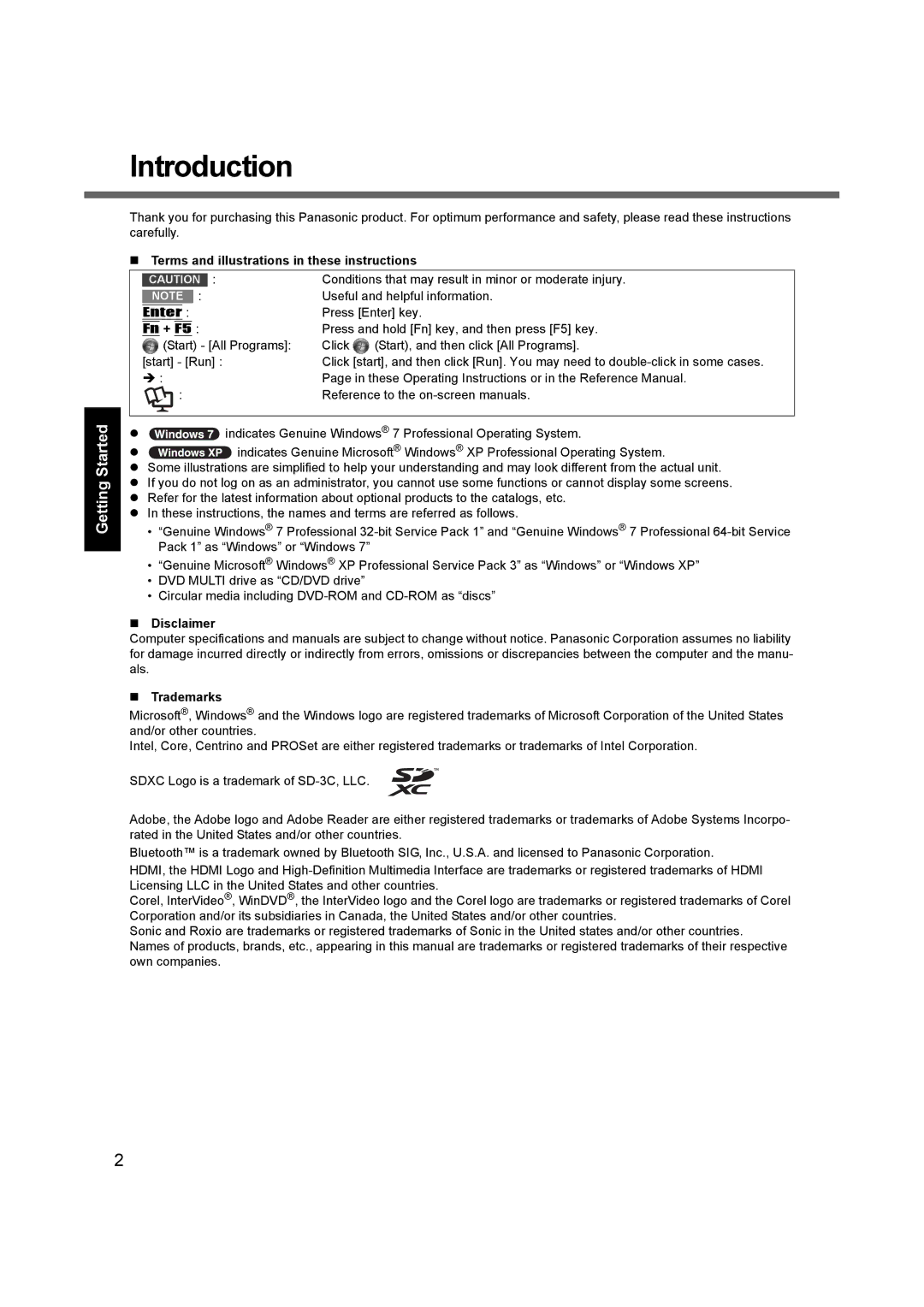 Panasonic CF-53 Introduction, Appendix Troubleshooting Useful Information Getting Started, „ Disclaimer, „ Trademarks 