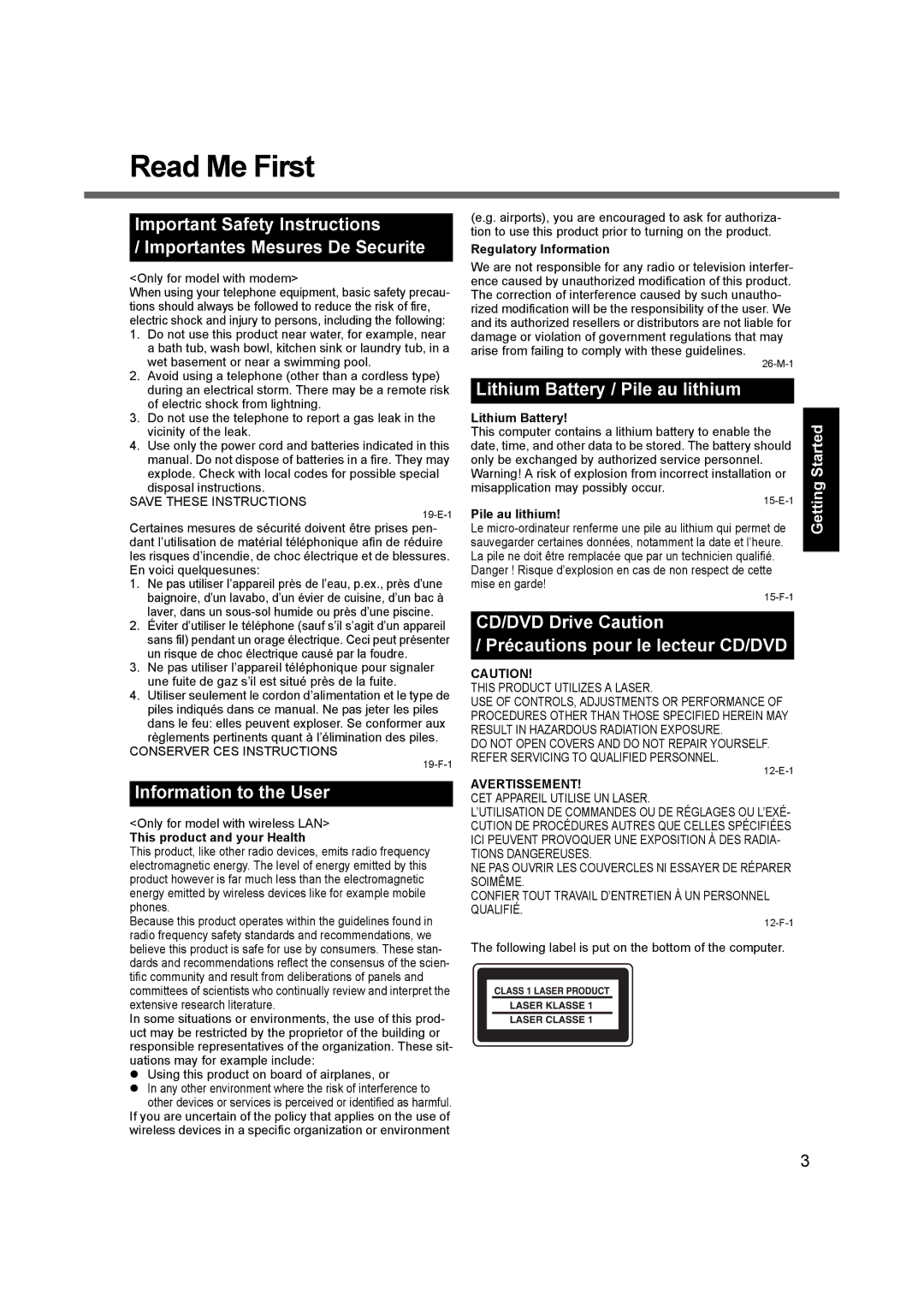 Panasonic CF53JBLZY1M, CF-53 Read Me First, Information to the User, Lithium Battery / Pile au lithium, Avertissement 