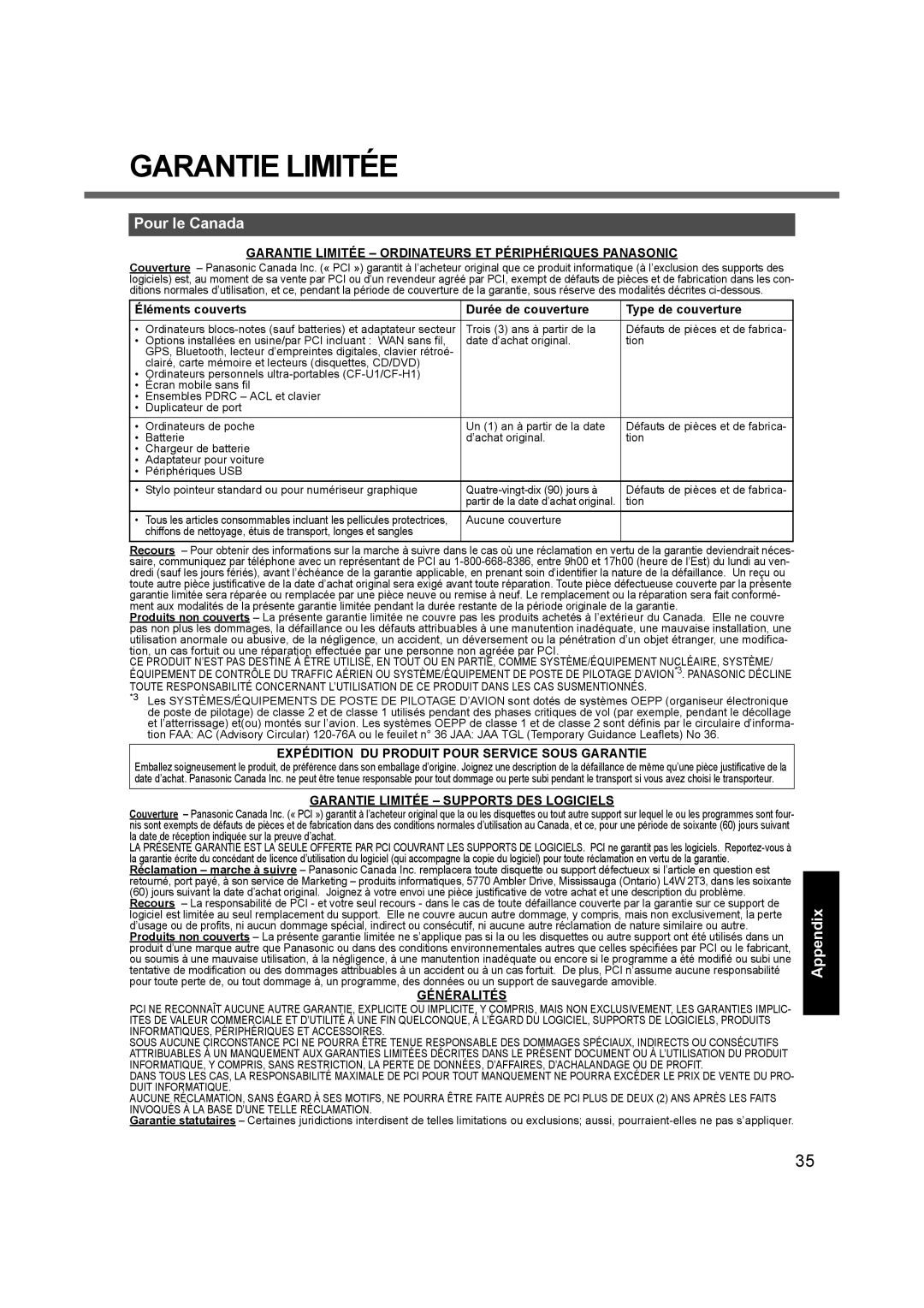 Panasonic CF53JBLZY1M, CF-53 appendix Pour le Canada, Garantie Limitée Ordinateurs ET Périphériques Panasonic, Généralités 