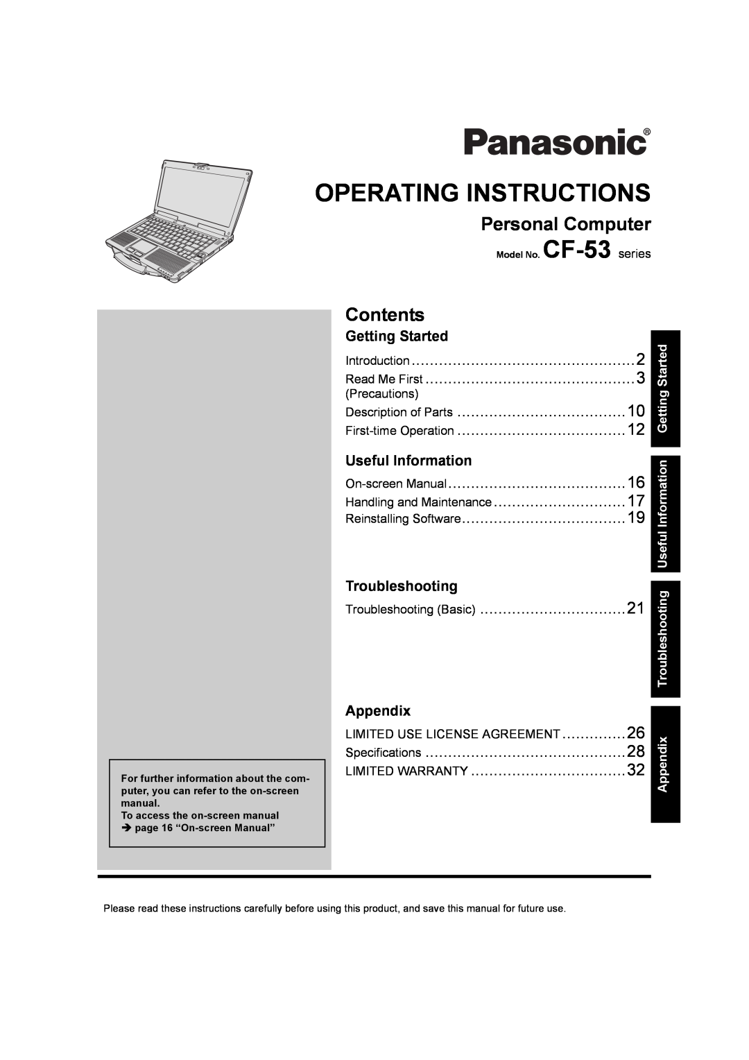 Panasonic CF53JBLZY1M appendix Operating Instructions, Personal Computer, Contents, Precautions, Description of Parts 