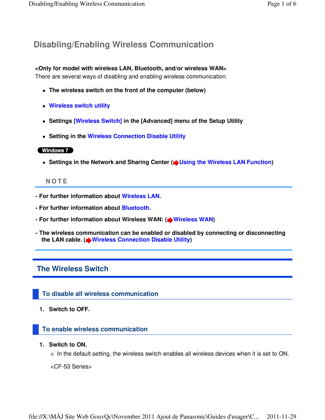 Panasonic CF-53ASUZX1M Disabling/Enabling Wireless Communication, Wireless Switch, To disable all wireless communication 