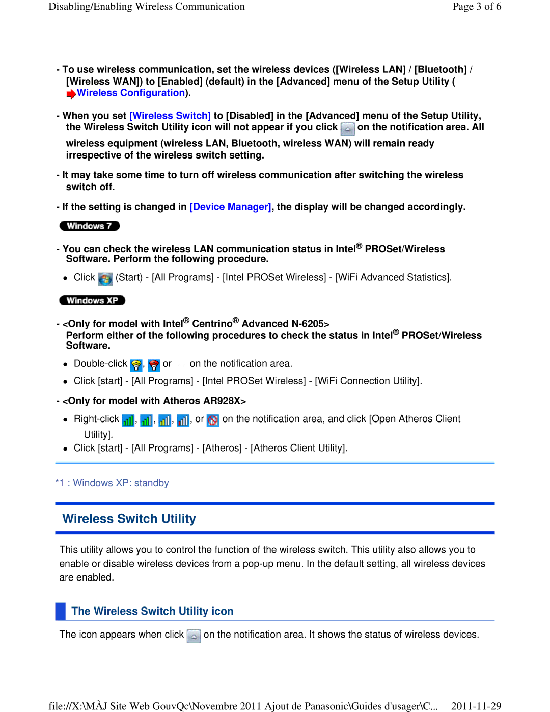 Panasonic CF-53ASUZX1M manual Wireless Switch Utility icon, Only for model with Atheros AR928X 