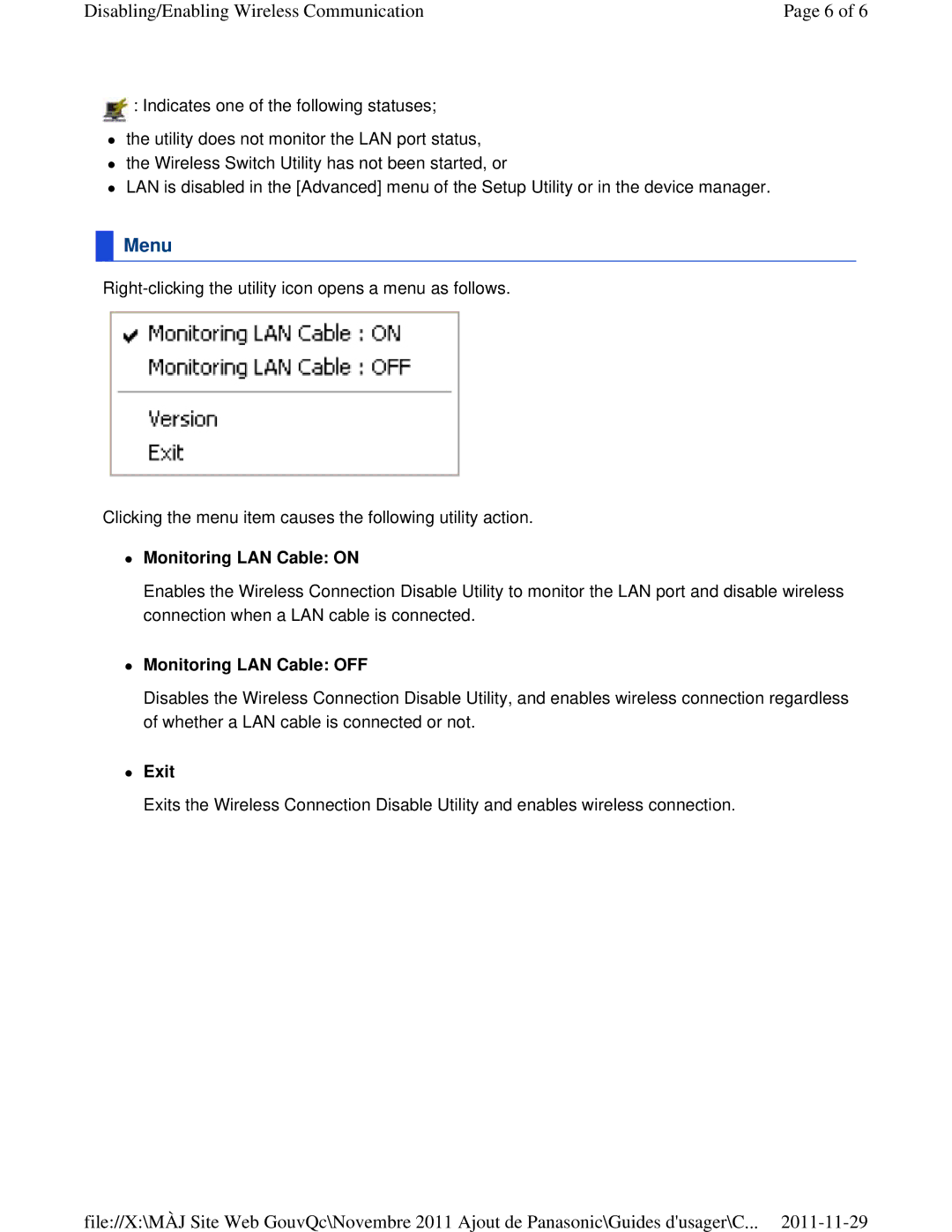 Panasonic CF-53ASUZX1M manual Menu,  Monitoring LAN Cable on,  Monitoring LAN Cable OFF,  Exit 