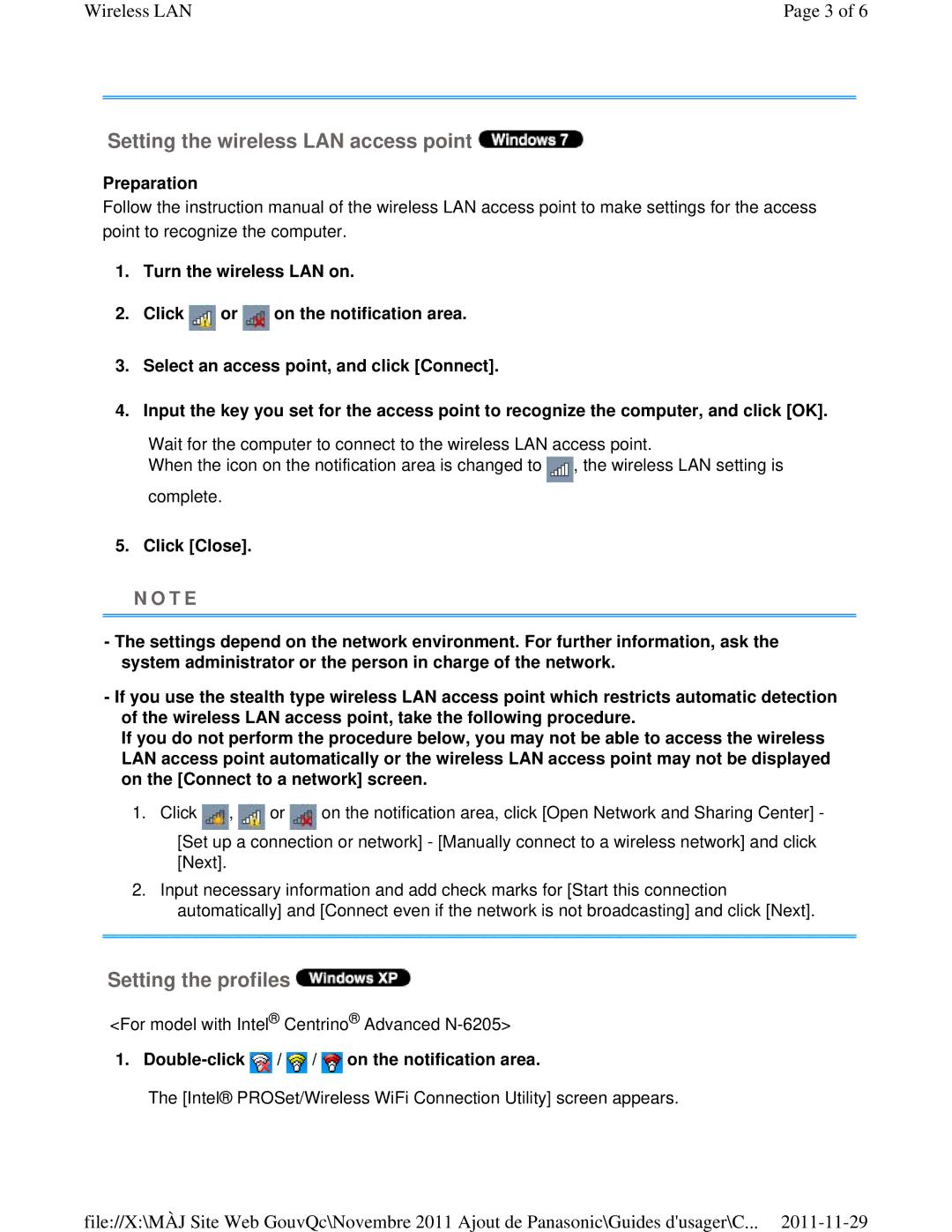 Panasonic CF-53ASUZX1M manual Setting the wireless LAN access point, Setting the profiles, Click Close 