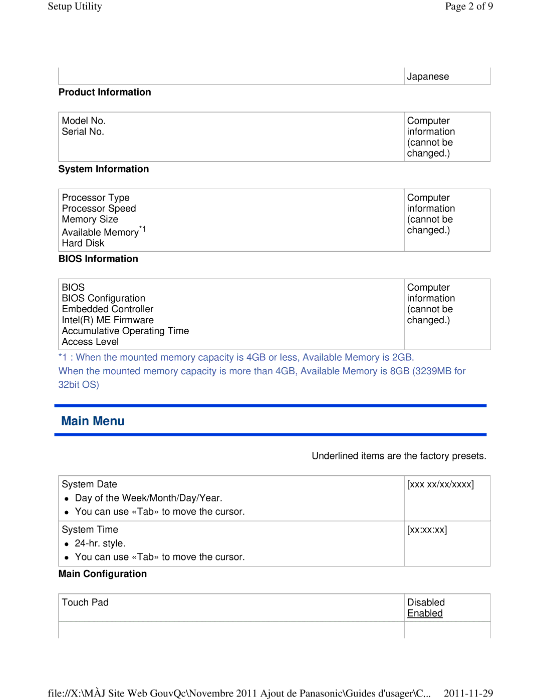 Panasonic CF-53ASUZX1M manual Main Menu, Product Information, System Information, Bios Information, Main Configuration 