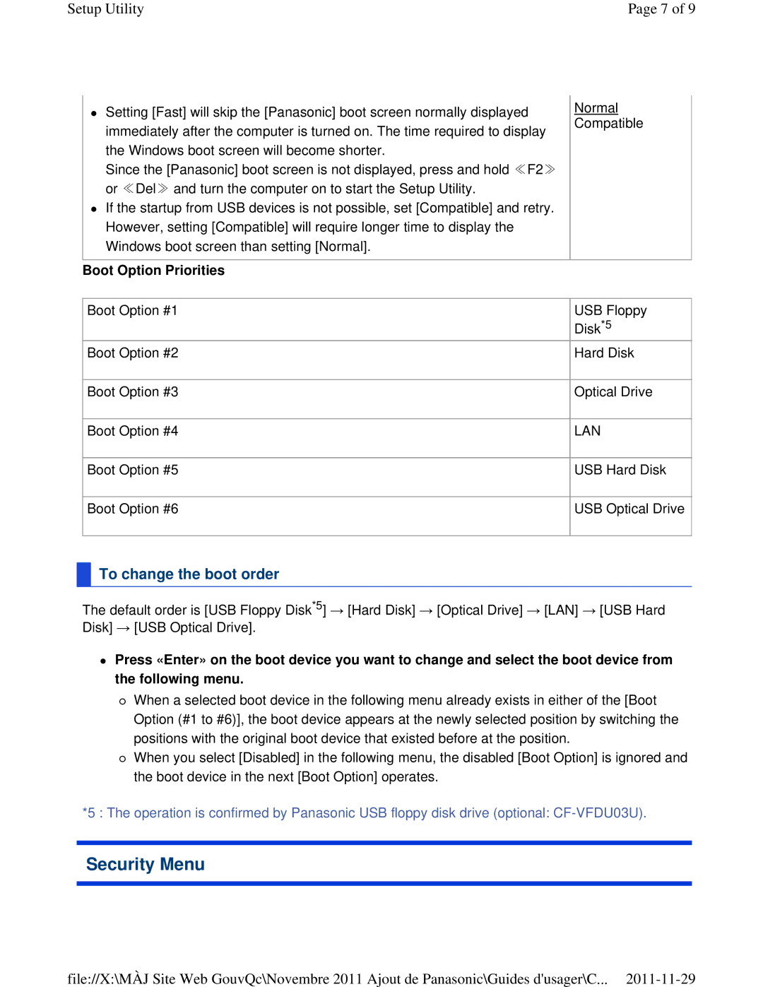 Panasonic CF-53ASUZX1M manual Security Menu, To change the boot order, Boot Option Priorities 