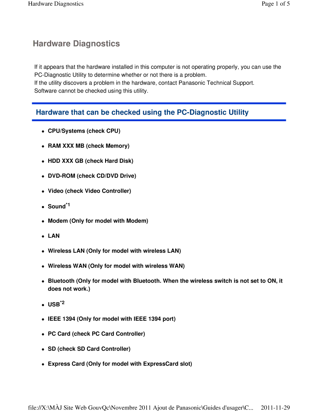 Panasonic CF-53ASUZX1M manual Hardware Diagnostics, Hardware that can be checked using the PC-Diagnostic Utility 