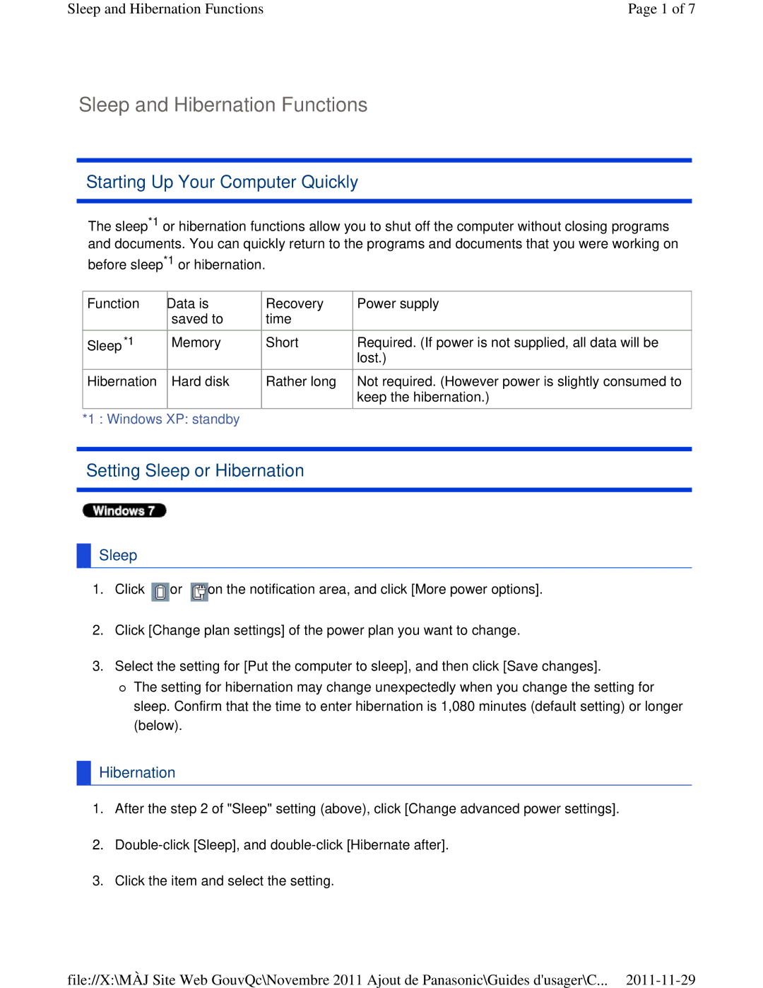 Panasonic CF-53ASUZX1M Sleep and Hibernation Functions, Starting Up Your Computer Quickly, Setting Sleep or Hibernation 