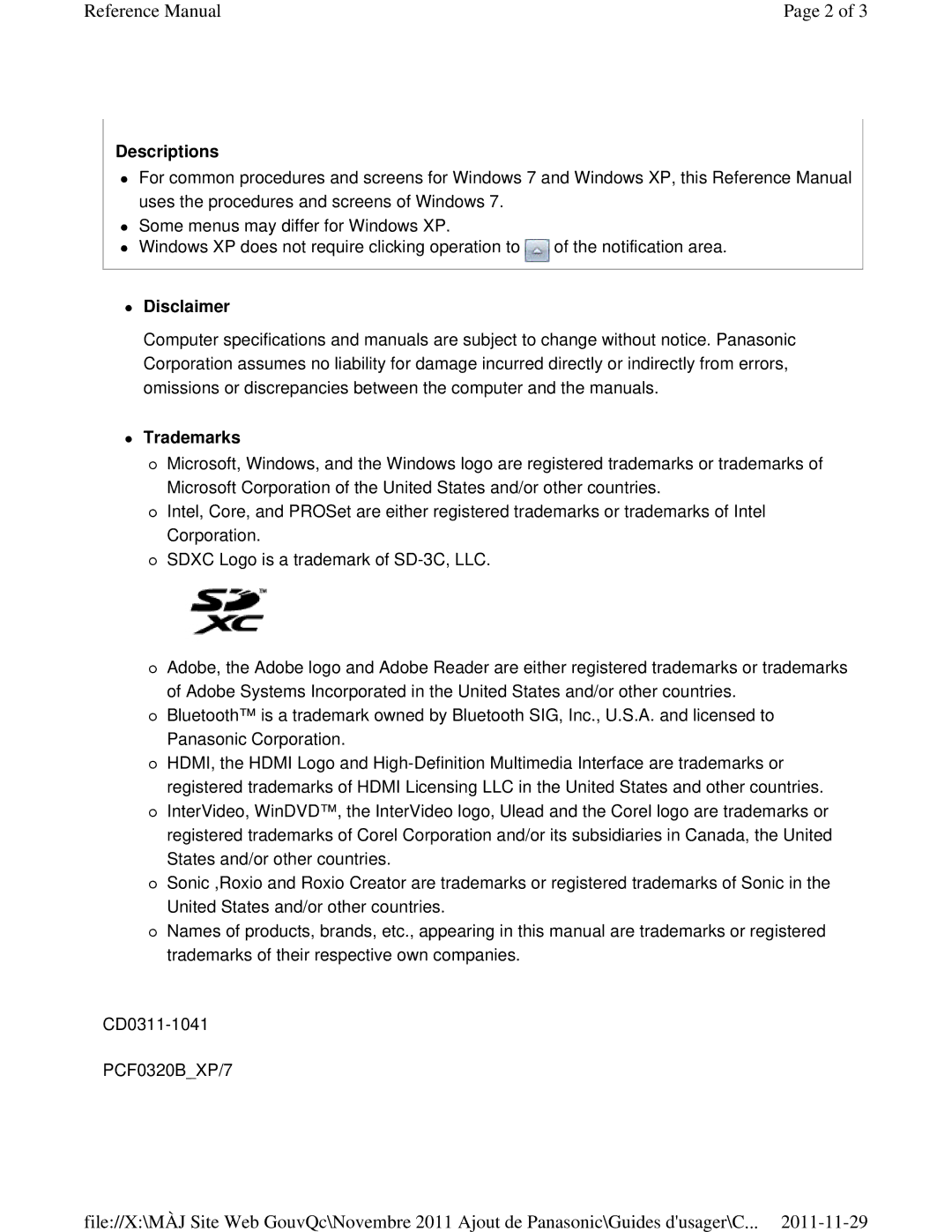 Panasonic CF-53ASUZX1M manual Descriptions,  Disclaimer,  Trademarks 