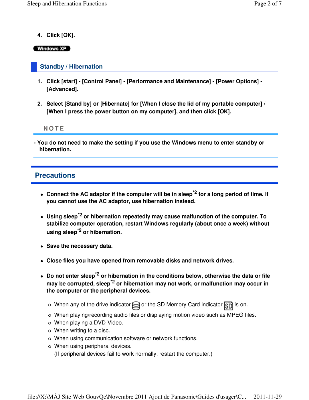 Panasonic CF-53ASUZX1M manual Precautions, Standby / Hibernation 