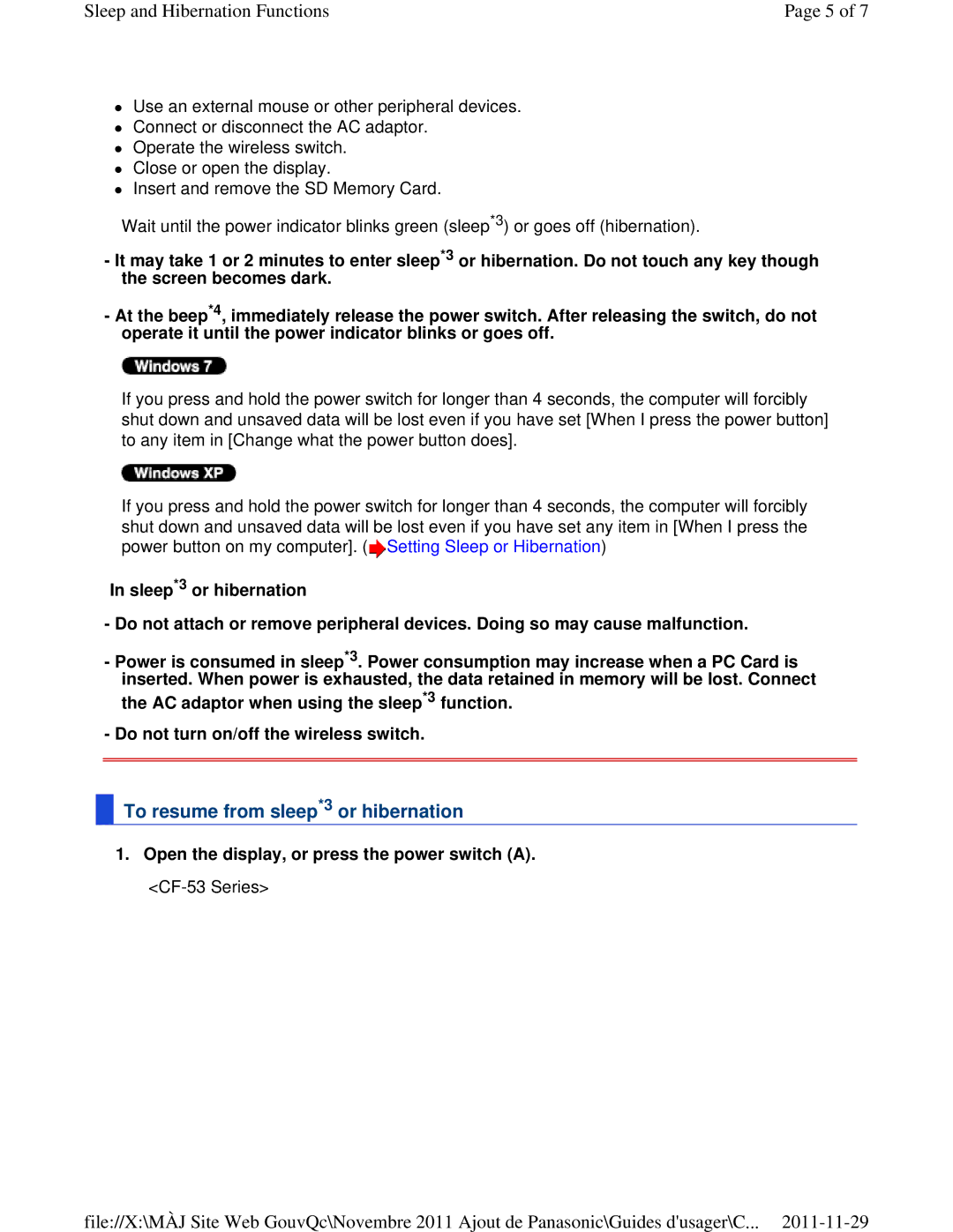 Panasonic CF-53ASUZX1M manual To resume from sleep*3 or hibernation 