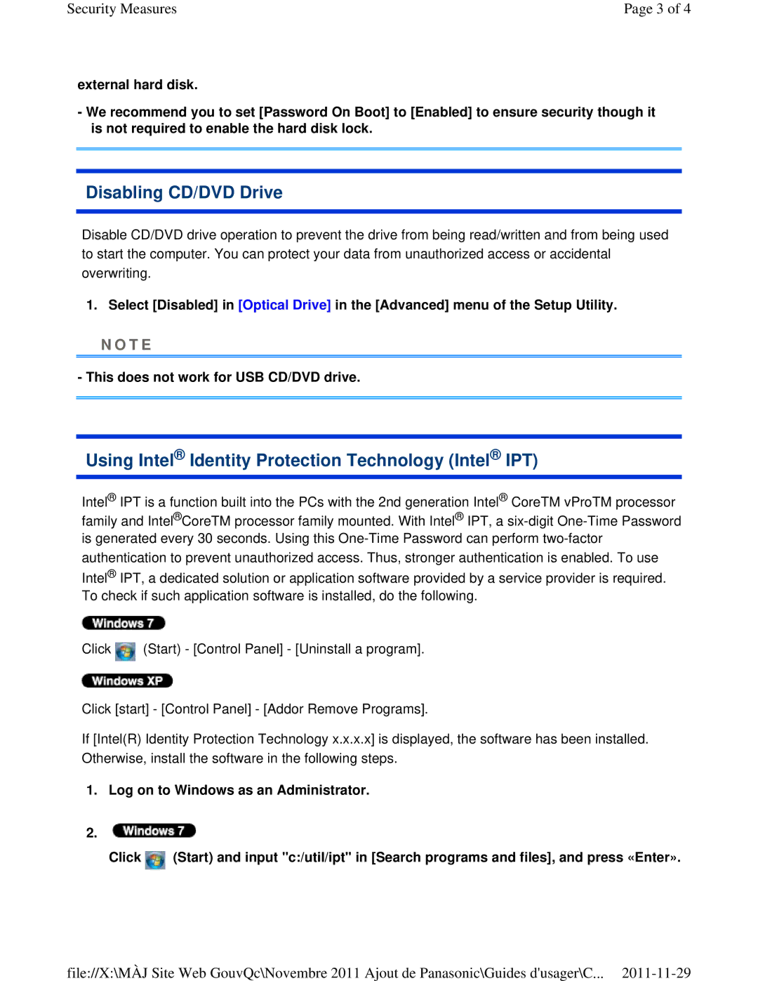 Panasonic CF-53ASUZX1M manual Disabling CD/DVD Drive, Using Intel Identity Protection Technology Intel IPT 