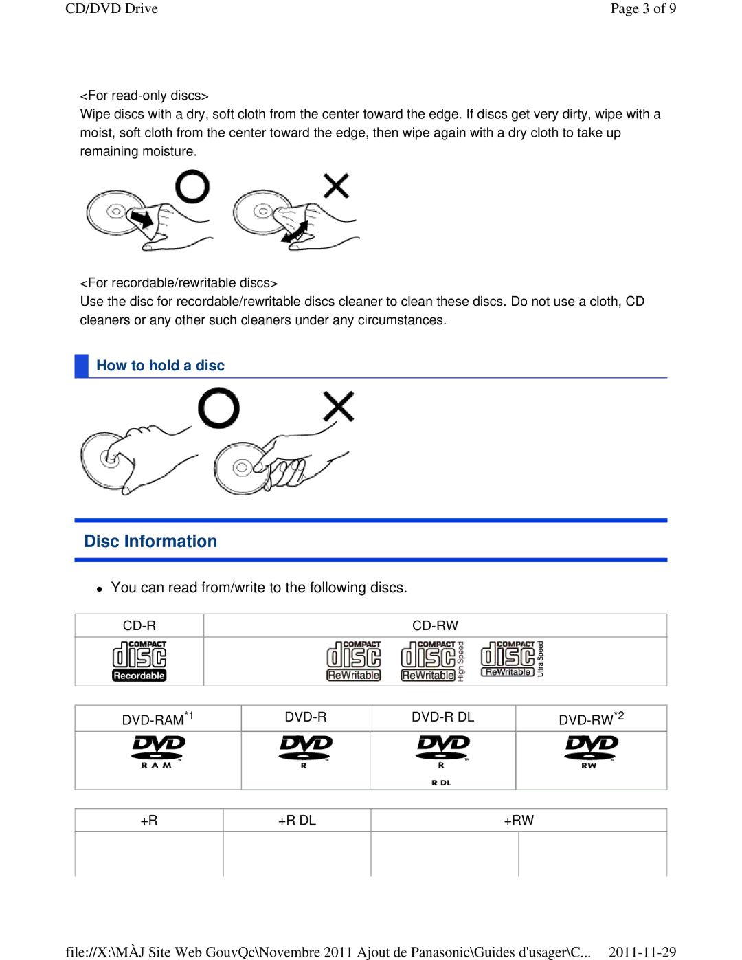 Panasonic CF-53ASUZX1M manual Disc Information, How to hold a disc 