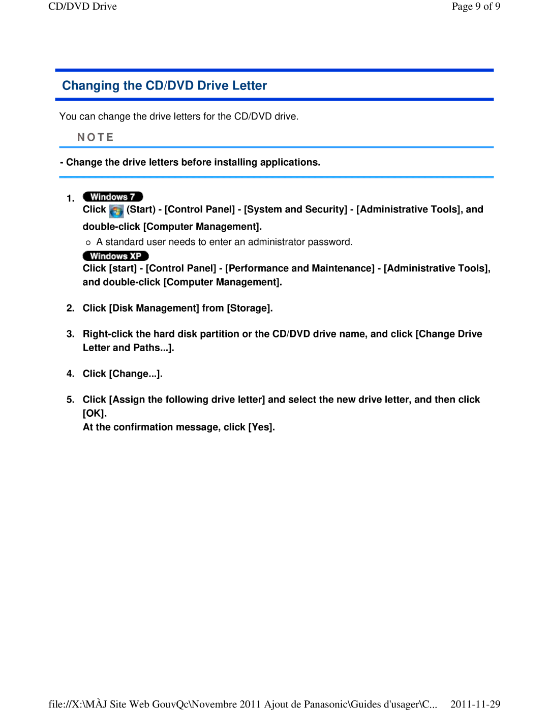 Panasonic CF-53ASUZX1M manual Changing the CD/DVD Drive Letter 