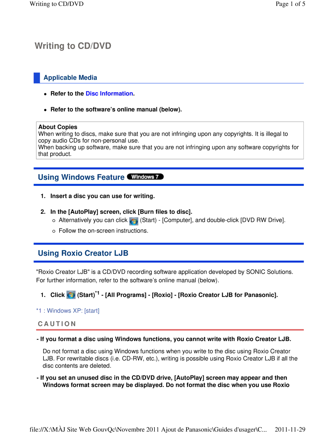 Panasonic CF-53ASUZX1M manual Writing to CD/DVD, Using Windows Feature, Using Roxio Creator LJB, Applicable Media 