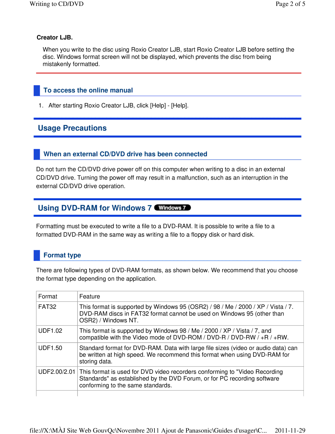 Panasonic CF-53ASUZX1M Usage Precautions, Using DVD-RAM for Windows, When an external CD/DVD drive has been connected 