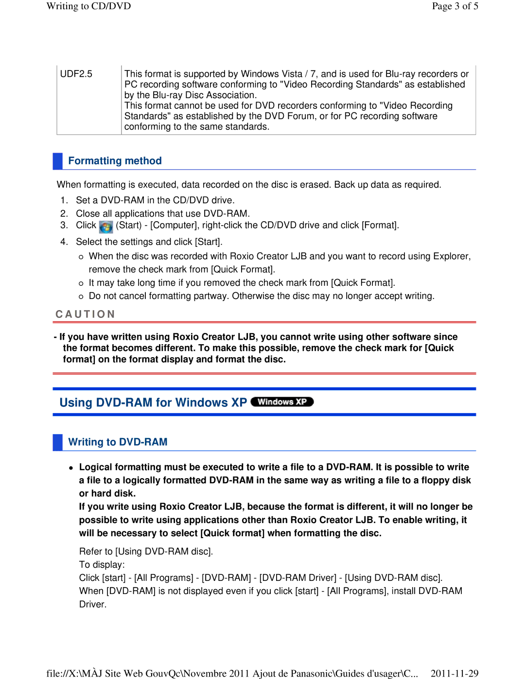 Panasonic CF-53ASUZX1M manual Using DVD-RAM for Windows XP, Formatting method, Writing to DVD-RAM 