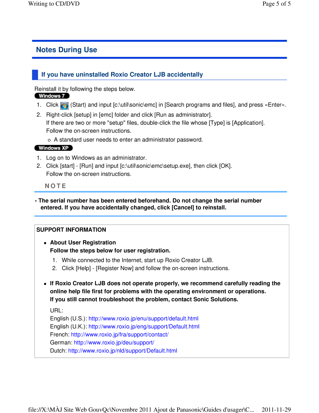 Panasonic CF-53ASUZX1M manual If you have uninstalled Roxio Creator LJB accidentally, Support Information 