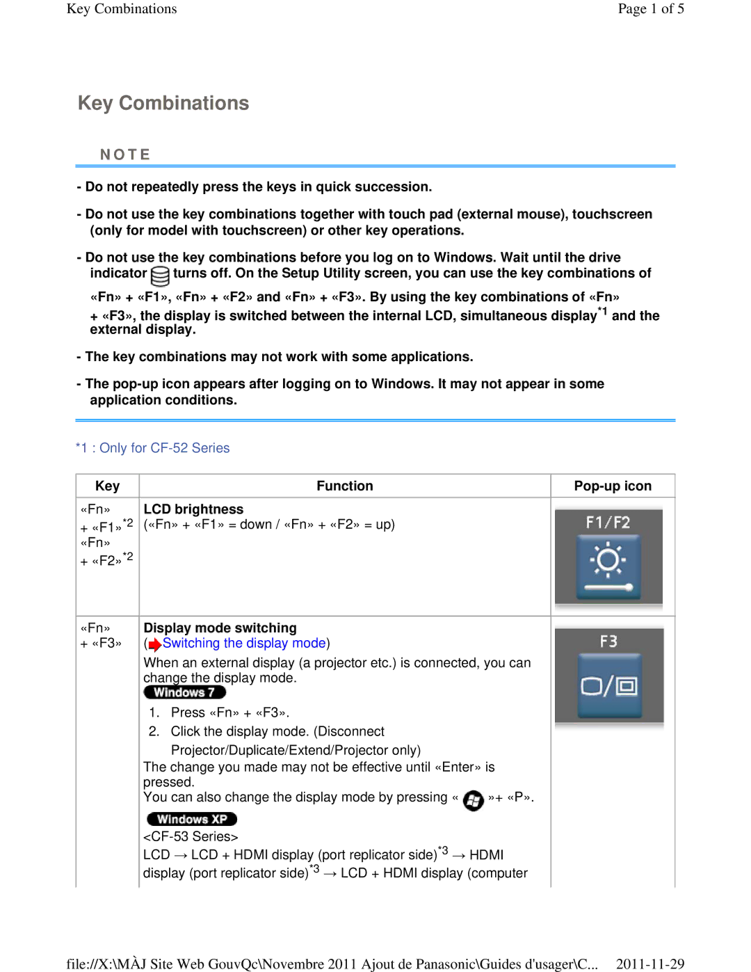 Panasonic CF-53ASUZX1M manual Key Combinations, Key Function, «Fn» LCD brightness, Display mode switching 