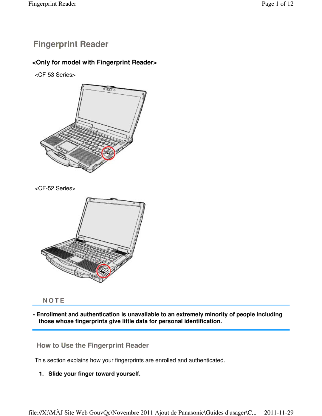 Panasonic CF-53ASUZX1M manual How to Use the Fingerprint Reader, Slide your finger toward yourself 